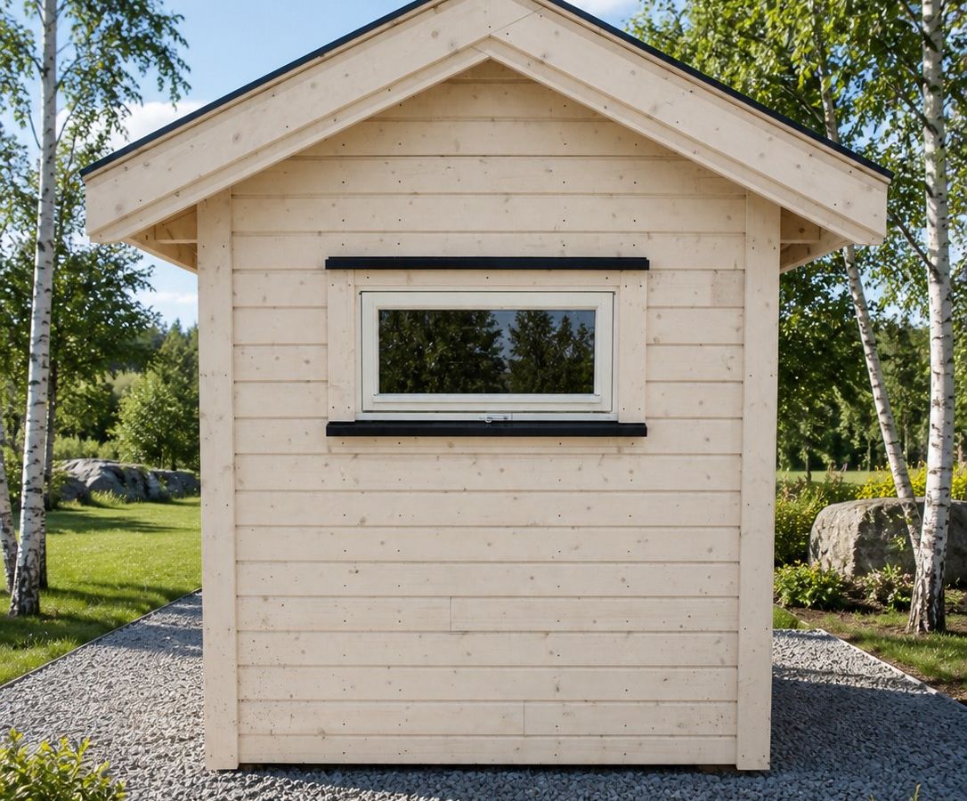Utebod sett fra kortveggen med vindu i hage